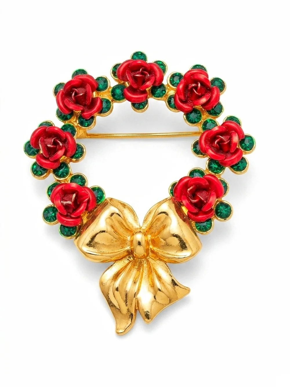 Avon Gold Bow Wreath Brooch with Red Roses and Green Accents